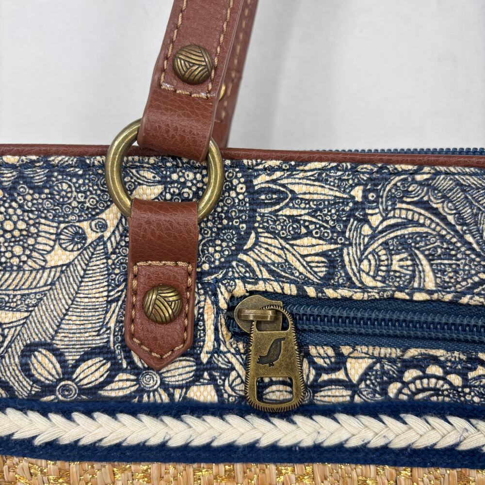 Sakroots Ellis Straw Satchel Shoulder Bag Blue Floral Boho Leather Trim Handbag - Picture 6 of 11